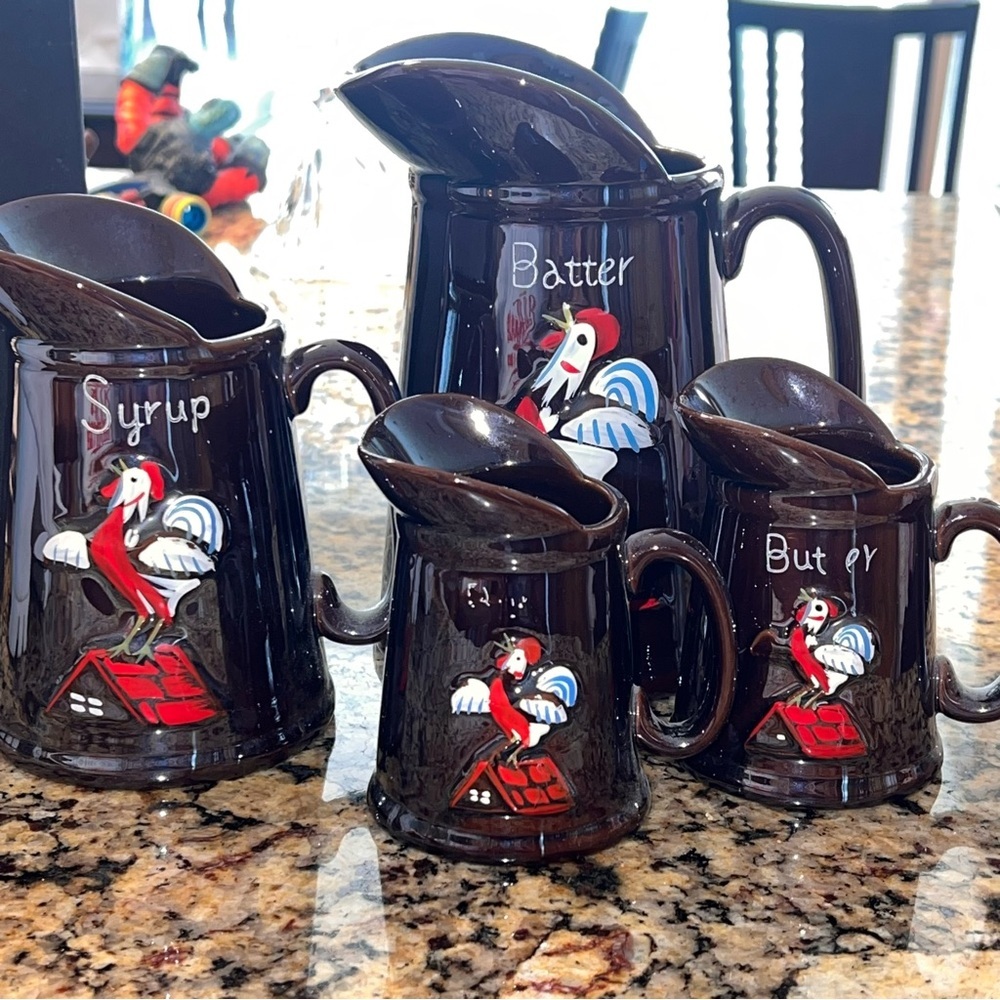 Vintage Rooster Breakfast Batter Set. Redware Pottery-4 Piece Set
